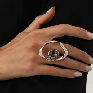 Sterling Silver Open Wave Ring with Smoky Gray Stone - Women's Jewelry